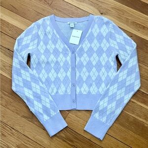 Nordstrom Girls’ XL(14-16) Sparkly Purple Calluna Argyle Cotton Blend Knit Cardi